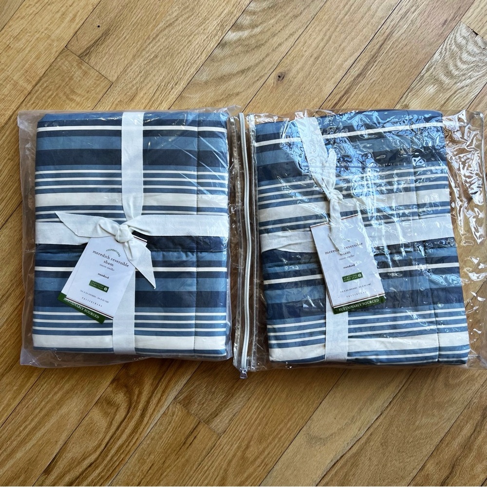 Two Pottery Barn Standard Pillow Shams Meredith Reversible Blue Stripe N…